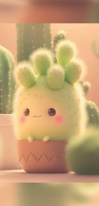 Cute cactus illustration in pastel hues with soft backdrop.