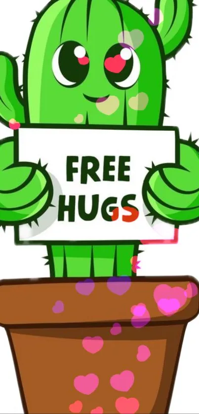 Cartoon cactus holding a 'Free Hugs' sign with hearts.