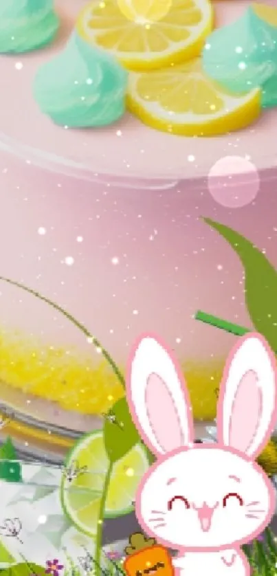 Pastel pink cake with bunny sticker and lemon slices.