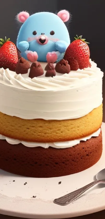 Cute layered cake topped with a teddy bear and strawberries on a wooden table.