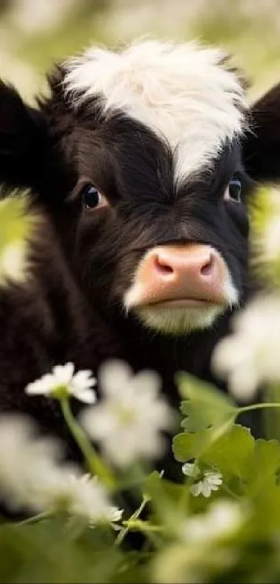 Cute calf in a field of white flowers, nature scene.