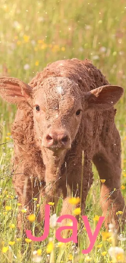 Adorable calf in sunny wildflower field wallpaper.