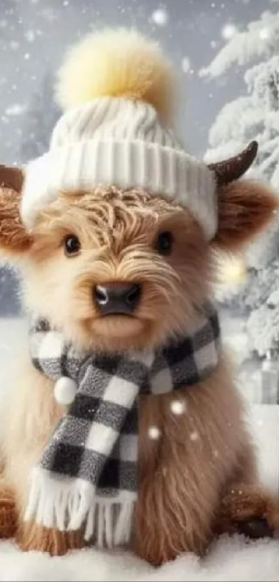 Fluffy calf wearing winter hat and scarf in a snowy scene.