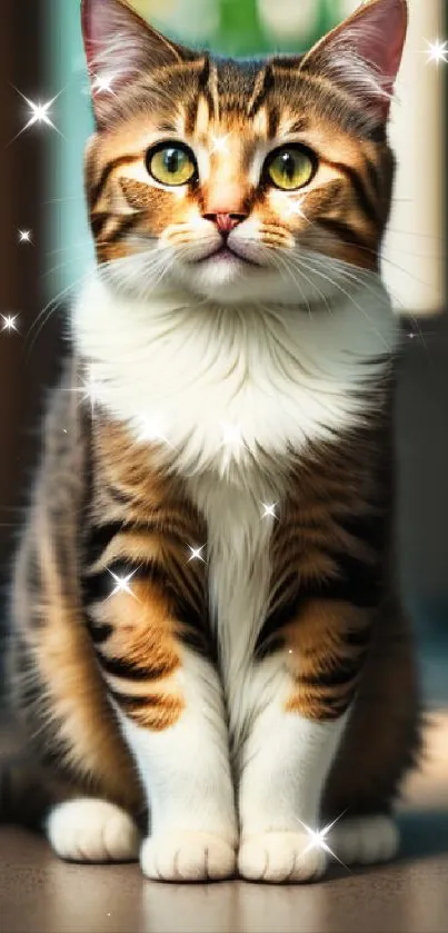 A cute calico cat with green eyes sitting in a warm light, perfect for mobile wallpaper.