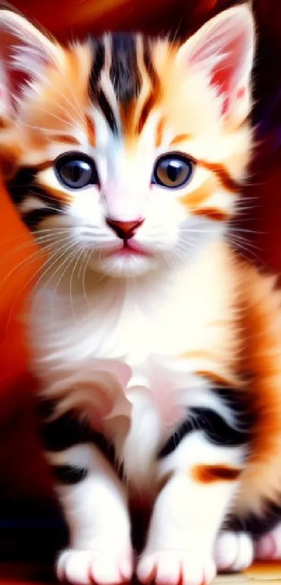 Vibrant digital art of a cute calico kitten with orange and black fur on a colorful background.