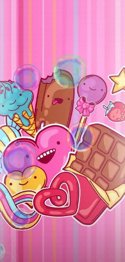 Cute cartoon candy design on a pink background, perfect for mobile wallpaper.