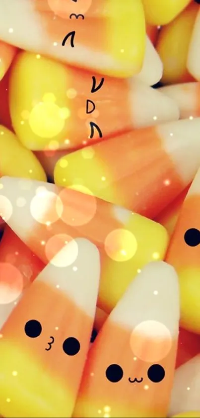 Cute candy corn wallpaper with faces and vibrant colors.