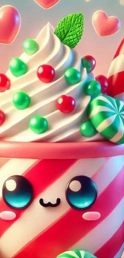 Cute candy-themed cartoon wallpaper with heart and mug design.