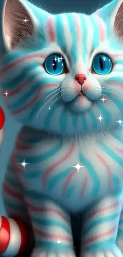 Cute kitten with candy stripes and blue eyes on wallpaper background.