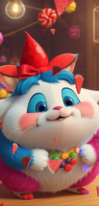 Cute cartoon character in candy-themed room.