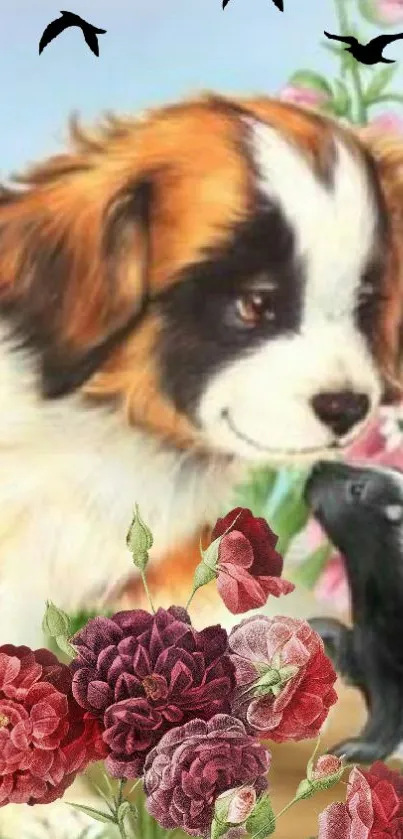 Cute puppy with red flowers and birds in a vibrant nature scene.