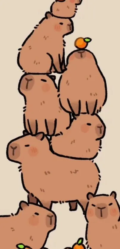 Cute cartoon capybaras stacked on each other with oranges, beige background.