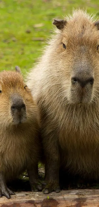 Adorable capybara family on green grass background.