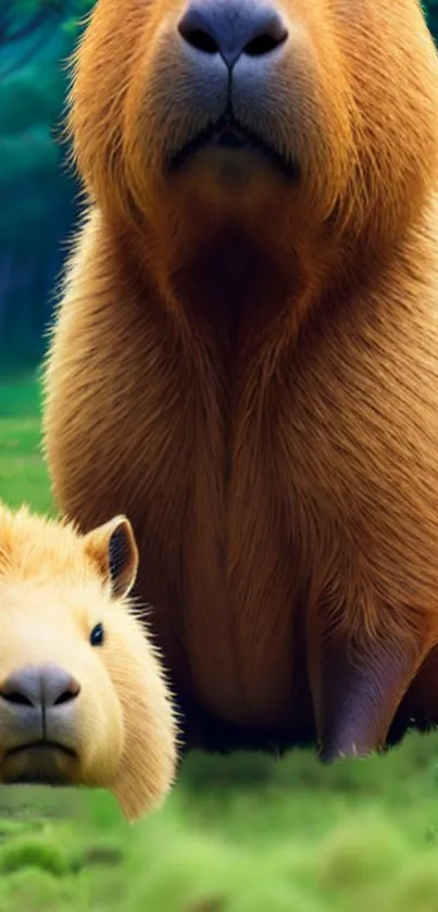 Two capybaras in a lush forest scene on mobile wallpaper.