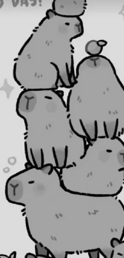 Stack of cute capybaras in monochrome illustration.