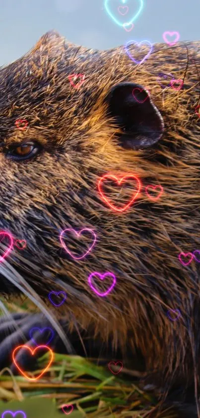 Cute capybara with colorful heart overlay design.