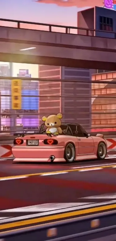 Teddy bear driving a pink car in city.