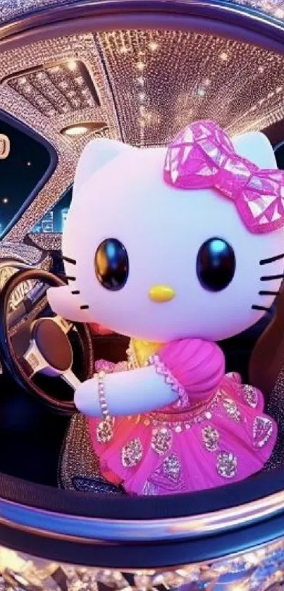 Adorable cartoon cat in a pink dress driving a sparkling car.