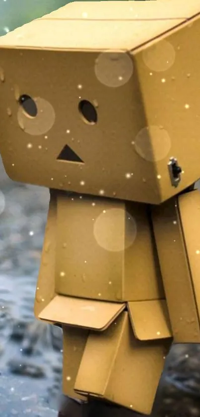 Cute cardboard robot stands in rain with bokeh lights on mobile wallpaper.