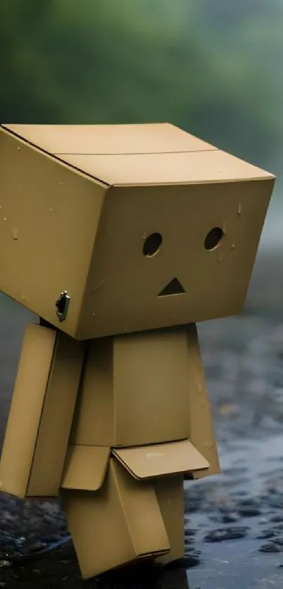 Cute cardboard robot standing on a rainy forest path.