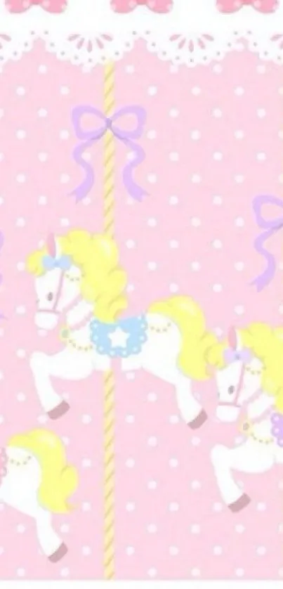 Cute carousel ponies on pink wallpaper with bows.