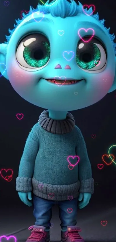 Cartoon alien with large eyes and blue skin, wearing a sweater and sneakers.