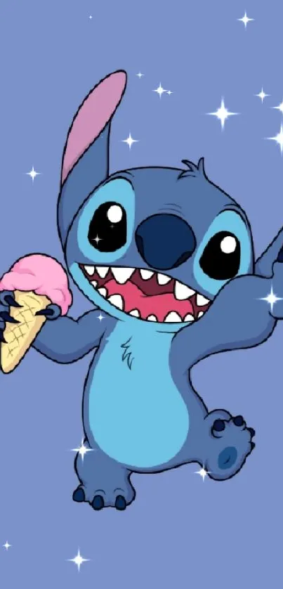 Cartoon alien holding ice cream on a blue background.