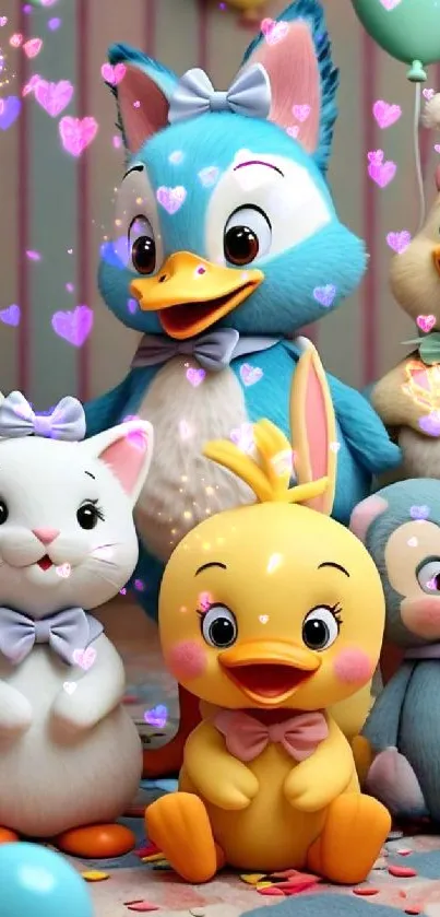 Cartoon animals with balloons and hearts