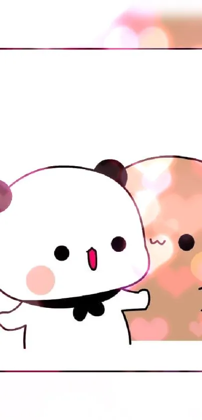 Cute cartoon panda and bear with pink bokeh background.