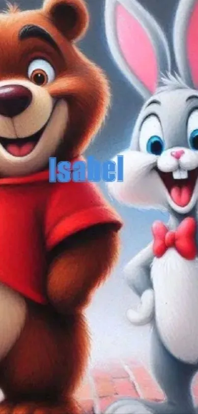 Cheerful bear and rabbit cartoon wallpaper.