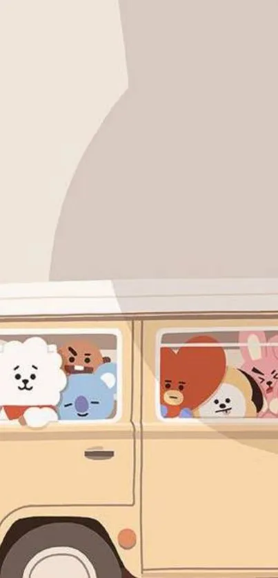 Cute cartoon animals in a vintage van with pastel colors.