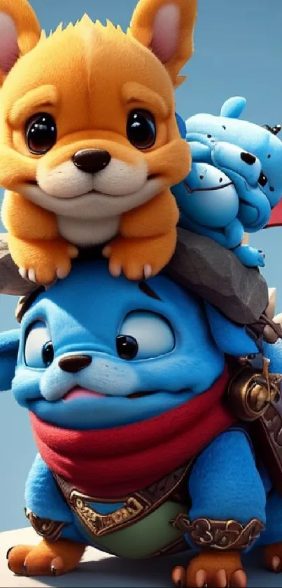 Adorable cartoon animals stacked in a fun formation.