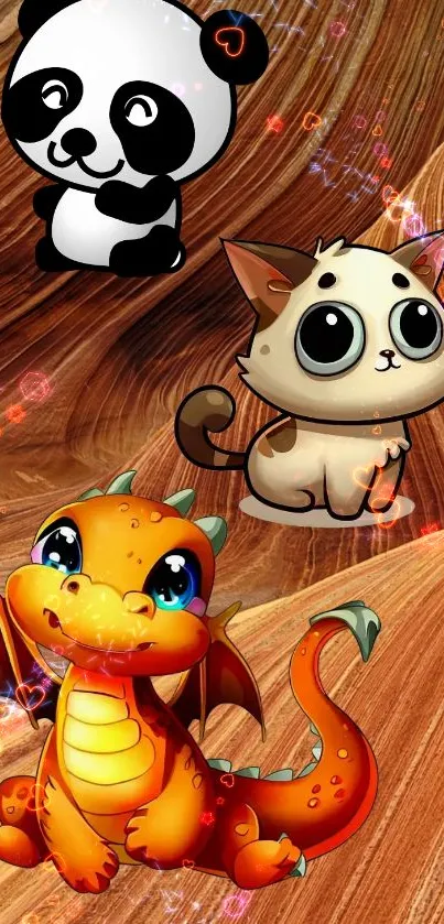 Cute cartoon animals: panda, cat, dragon on textured background.