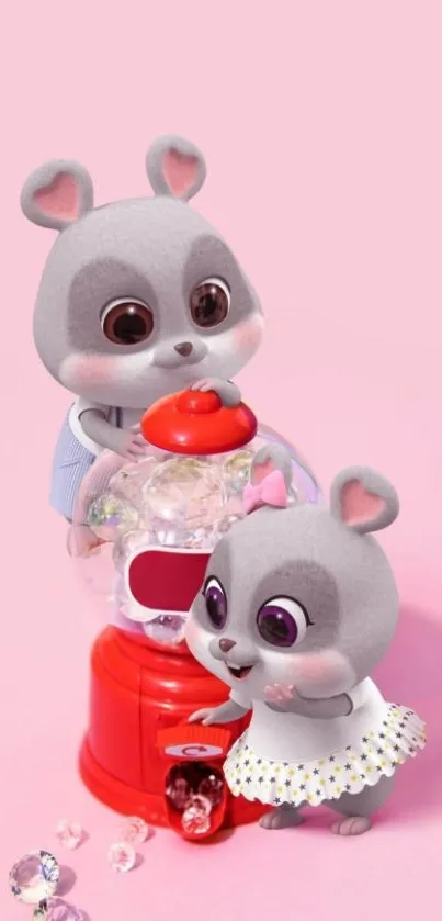 Cute cartoon animals with gumball machine on pink background.