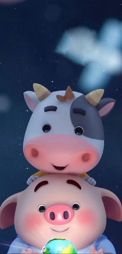 Cute cartoon pig and cow in space scene.