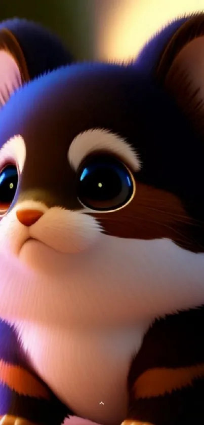 Cute cartoon animal with big eyes and dark blue fur in a vibrant setting.