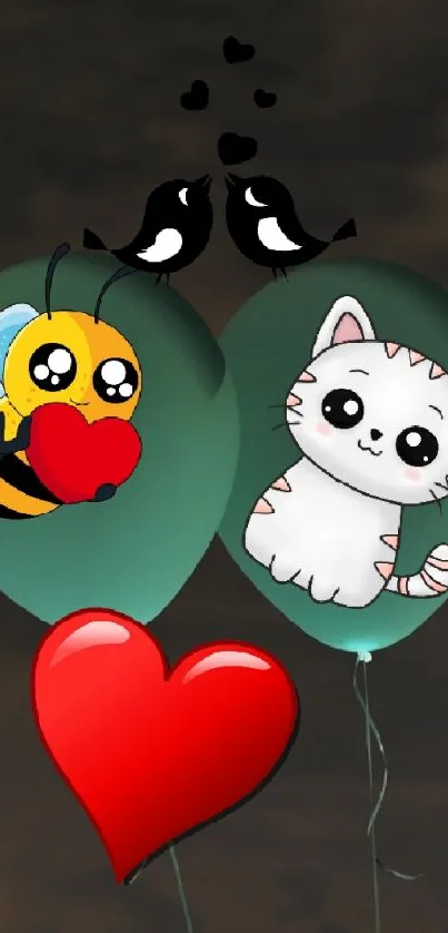 Cute cartoon bee and cat with heart balloons wallpaper.