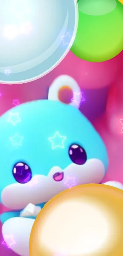 Cute pastel cartoon animal with bubbles, stars.