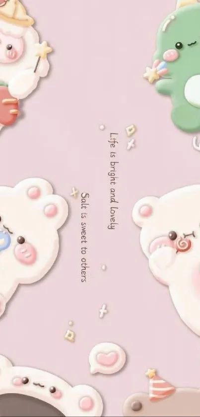 Cute pastel cartoon bears on a pink background wallpaper.