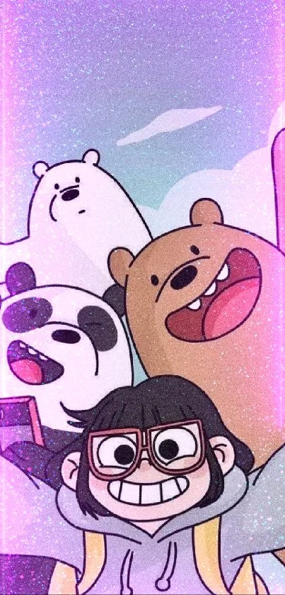Cute cartoon animals enjoying a selfie moment in a playful mobile wallpaper.
