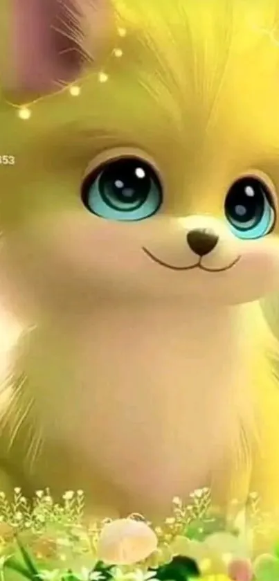 Cute yellow cartoon animal with big blue eyes and floral surroundings.