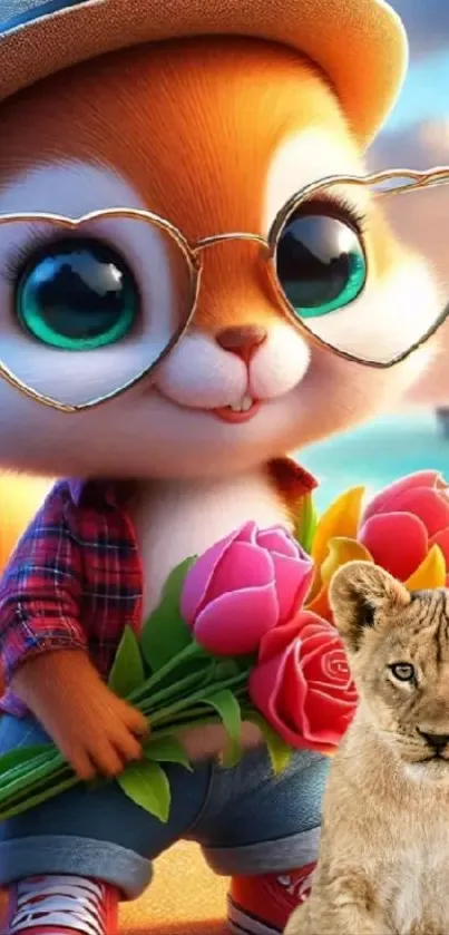 Adorable cartoon animal with flowers and lion cub.