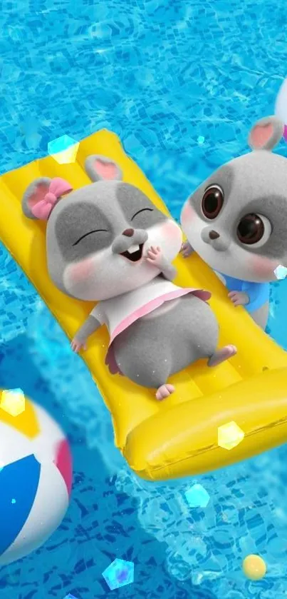 Adorable cartoon animals on pool float with beach balls in bright blue water.