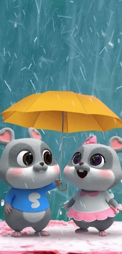 Two cartoon animals sharing a yellow umbrella in the rain.