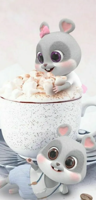 Cute cartoon animals with hot cocoa scene wallpaper.