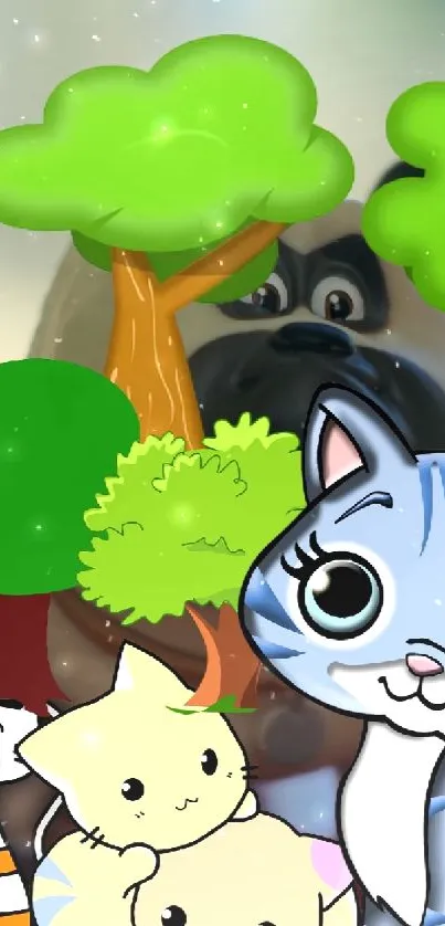 Cartoon animals and vibrant trees on a playful mobile wallpaper.