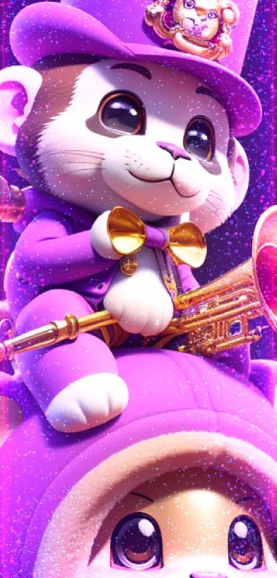 Cute cartoon animals with trumpet, whimsical purple-theme wallpaper.