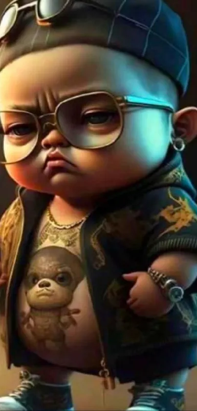 Cute cartoon baby with glasses and hat, showing attitude.