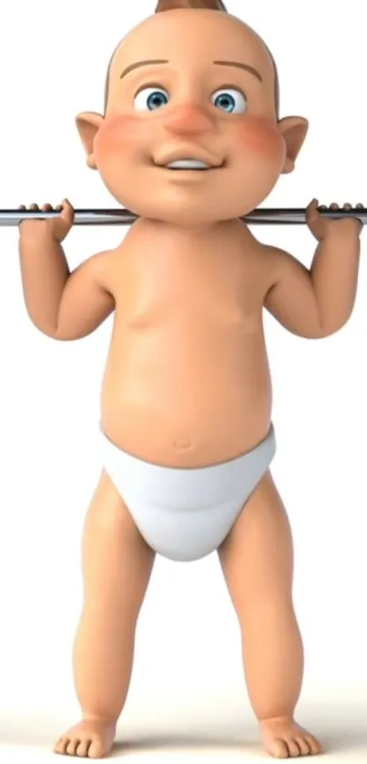 Adorable cartoon baby in diaper lifting weights on mobile wallpaper.