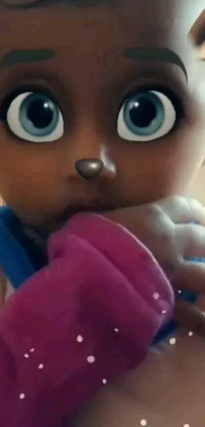 Cute cartoon baby with large eyes and pink sleeve, playful effect.